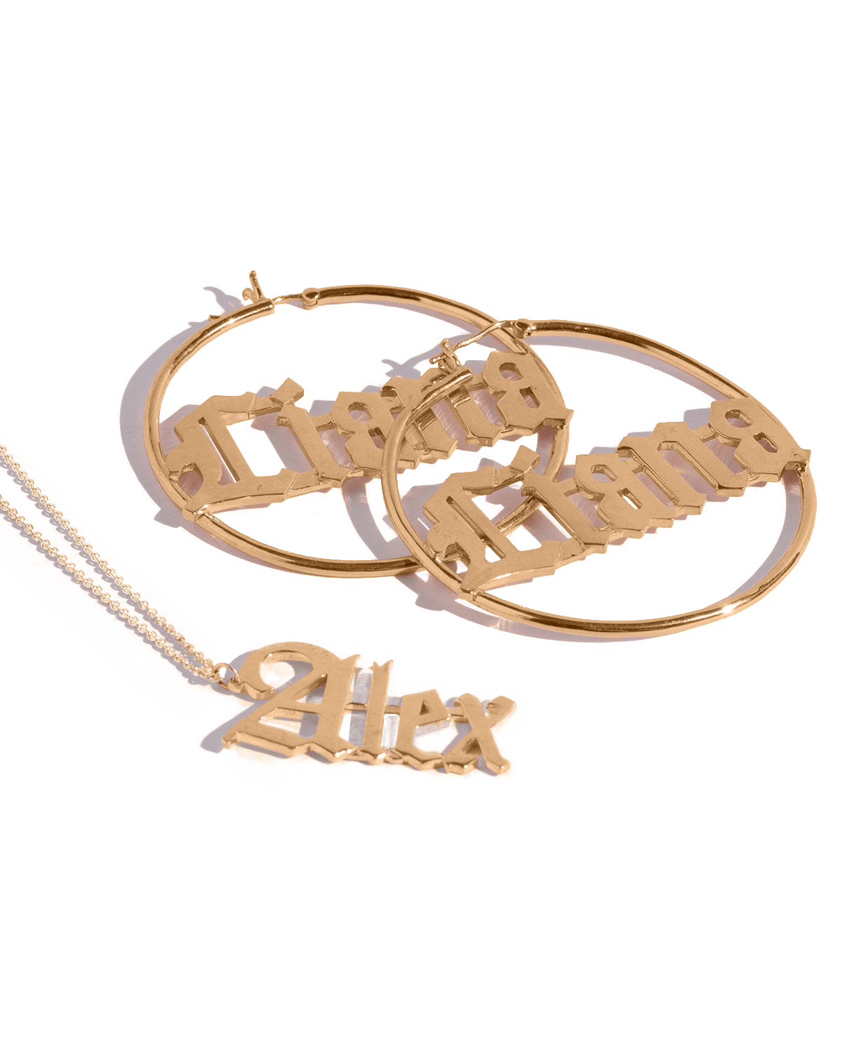 The Blackletter Hoop Earrings & Blackletter Vertical Name Necklace Set -18K Yellow Gold Plated- The Adorned-
