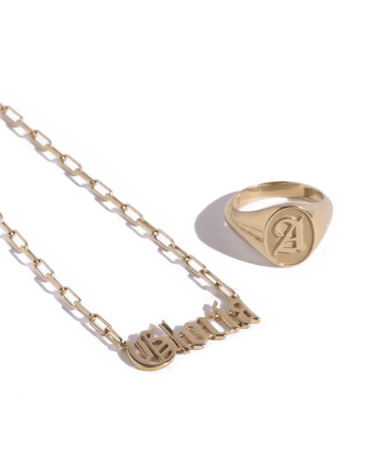 The Blackletter Signet Ring & Open Link Nameplate in Blackletter -18K Yellow Gold Plated- The Adorned-