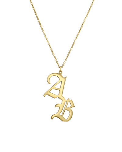 Blackletter Double Initial hanging Necklace -18K Yellow Gold Plated- The Adorned -