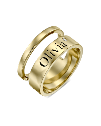 Double Stacked Single Engraving Ring with Diamond -18K Yellow Gold Plated- The Adorned-