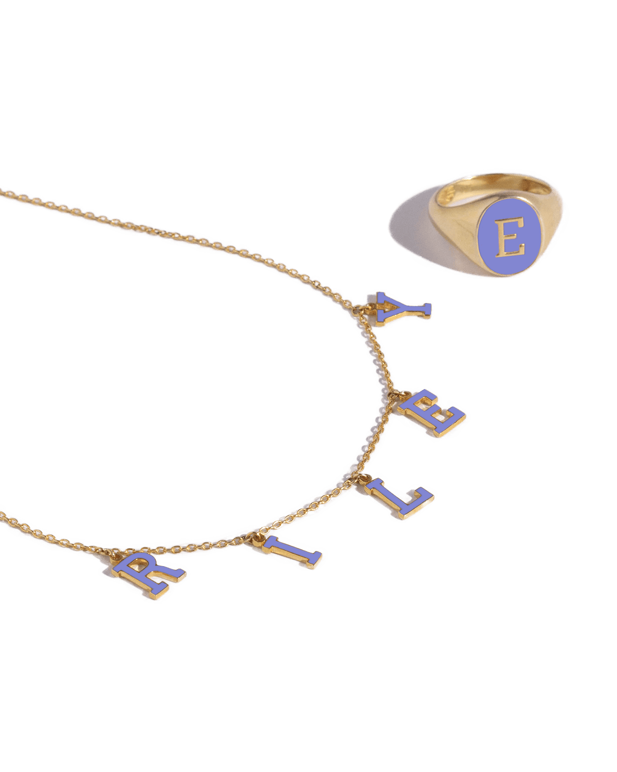 The Enamel Signet Ring in Serif & Enamel Name Chain Necklace in Varsity Set -18K Yellow Gold Plated- The Adorned-